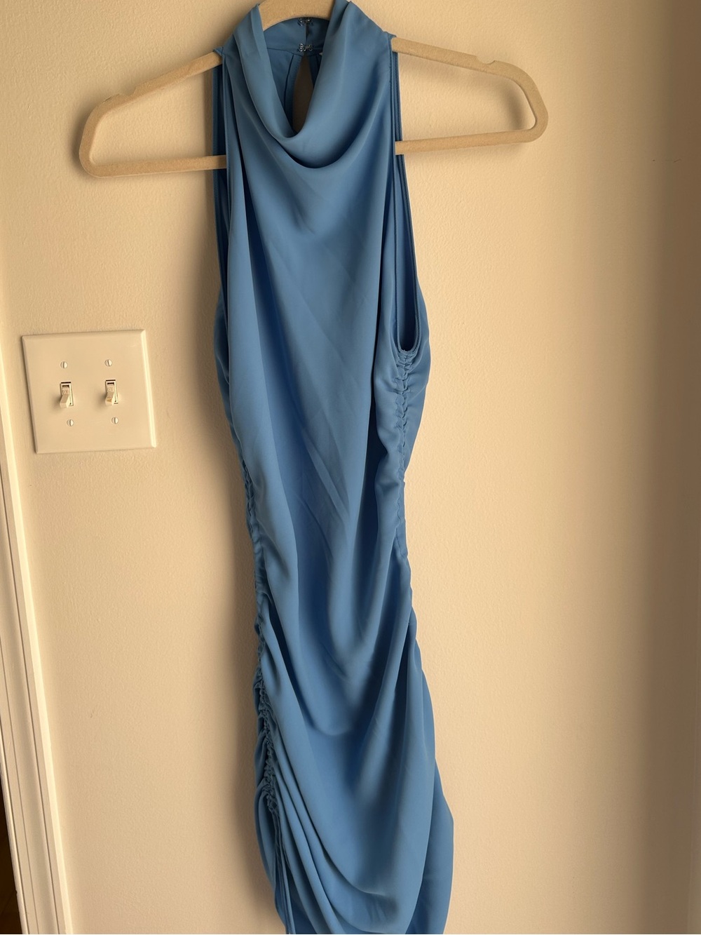 Sleeveless Cowl Neck Ruched Blue Dress